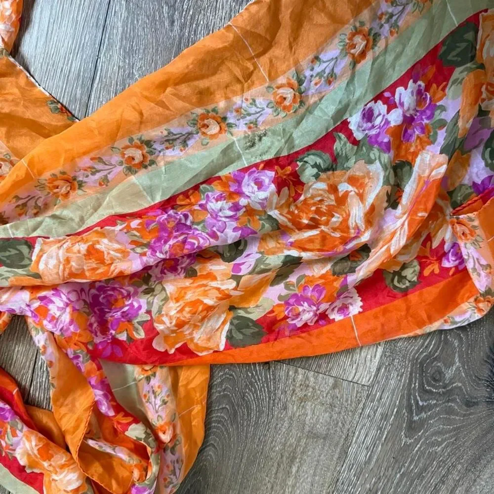 Women's Floral, Orang Scarf- 100% Silk